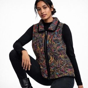 Lisa International Women Colorful Abstract Print Textured Zip Up Vest S Black